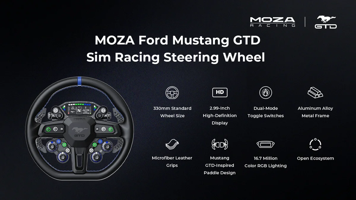 Volant MOZA Ford Mustang GTD Sim Racing Steering Wheel — jante standard de 330 mm, écran haute définition de 2,99 pouces, interrupteurs à bascule double mode, châssis métallique en alliage d’aluminium, poignées en cuir microfibre, palettes inspirées de la Mustang GTD, éclairage RVB de 16,7 millions de couleurs, écosystème ouvert