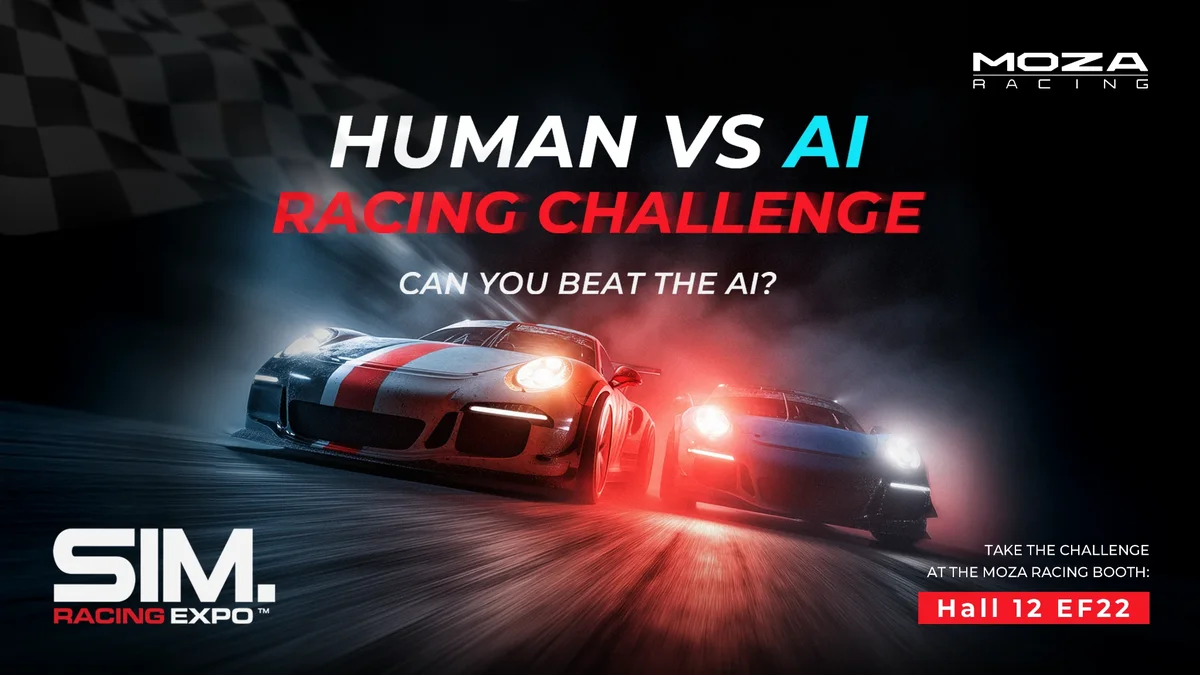 Human vs AI Racing Challenge — Can you beat the AI? Take the challenge at the MOZA Racing booth: Hall 12 EF22