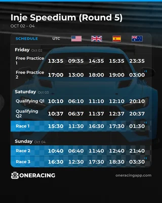 Inje Speedium (Round 5) — every session, five timezones.