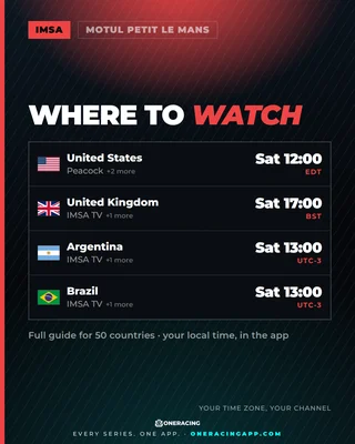 Motul Petit Le Mans starts Sat 12:00 EDT — and later or earlier wherever you are.