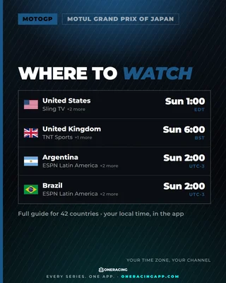 Motul Grand Prix of Japan starts Sun 1:00 EDT — and later or earlier wherever you are.